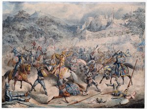 Tournoi (Moyen-ikä) - Ratsastavien ritarien turnaus - Nimetön - 1840 - Värilitografia - 20,3x30,5 - Yksityiskokoelma tekijältä Anonymous Anonymous