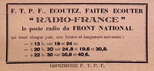 Teksti FFI-FTPF:n kutsusta kuunnella Radio Francea, "" Front Nationalin radioasemaa"" tekijältä Anonymous Anonymous