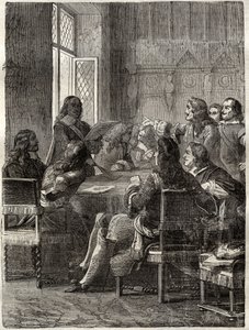 Ryswickin sopimus (Ryswickin rauhansopimus, 30. lokakuuta 1697) (Ludvigan XIV:n ja Suuren liiton välisen Augsburgin liiton sodan loppu). Kaiverrus 1800-luvulta. Yksityinen kokoelma. tekijältä Anonymous Anonymous