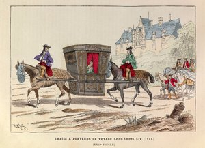 Une chaise à porter de voyage sous le reign du roi Louis XIV (1715) - Sedan tuoli kuljettaa hevosten hallituskauden kuningas Louis XIV Ranskan tekijältä Anonymous Anonymous