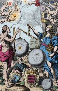 Urania, tähtitieteellinen museo, joka edusti Argusin edessä, pitelee kaukoputkea. He punnitsevat ja vertaavat Kopernikuksen (vas.) ja jesuiitta Giovanni Ricciolin järjestelmää Tycho Brahen (joka yhdistää Ptolemeoksen geosentriset visiot) järjestelmää. tekijältä Anonymous Anonymous