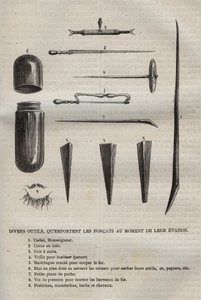 Erilaisia ​​työkaluja, joita forcatit kantavat mukanaan karkaaessaan. Kaiverrus kirjaan "Vankiloiden historia niiden luomisesta nykypäivään" (1877), Pierre Zaccone (1817-1895) (Colonia Penale - Rangaistussiirtokunta) tekijältä Anonymous Anonymous