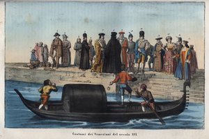 1500-luvun venetsialaiset puvut - kaiverrus kirjasta "Kaikkeuden kaikkien kansojen tapoja ja perinteitä". Eli kaikkien kansojen hallituksen, lakien, miliisin, uskonnon historia kaukaisimmista ajoista nykypäivään "1856 tekijältä Anonymous Anonymous