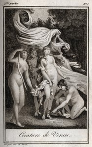 Venus-vyö: Vaikka taistelu edelleen hyödyttää troijalaisia, Junon käyttää Venuksen vyötä Jupiterin hurmaamiseen ja nukkumiseen nukuttaakseen hänet. Kaiverrus vuodelta 1819 Charles Albert Demoustier