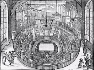 Näkymä anatomisesta teatterista luultavasti Leidenin yliopistossa 1600-luvun alussa (kaiverrus) tekijältä Anonymous Anonymous