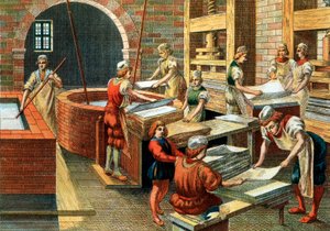 Näkymä paperinvalmistuspajasta Fabrianossa 1500-luvulla, Italiassa. Eri vaiheet. Kuva. Yksityinen kokoelma - Paperinvalmistuspaja Fabrianossa (Italia) tekijältä Anonymous Anonymous