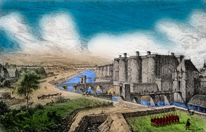 Näkymä Bastillelle ympäröivine muureineen kuningas Kaarle V Viisaan (1338-1380) alaisuudessa, Kaiverrus, Yksityinen kokoelma tekijältä Anonymous Anonymous