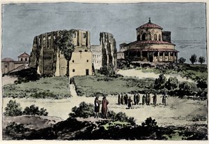Näkymä Santa Constancen (nza) kirkolle, keisari Konstantinuksen mausoleille, joka on rakennettu 400-luvulla lähellä Pyhän Agnesen (Agnesen) basilikaa Roomassa. Kuva 1800-luvulta tekijältä Anonymous Anonymous