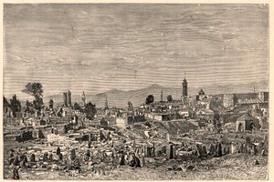 Näkymä Erzurumin (Erzurum) kaupunkiin Armeniassa (nykyinen Turkki). Louis-Eugene (Louis Eugene) Louvetin kaiverrus "Katoliset lähetystyöt XIX-luvulla". yksityinen kokoelma. tekijältä Anonymous Anonymous