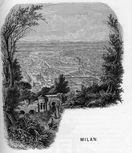 Näkymä Milanon kaupunkiin (Milano), Italia. Armengaudin kaiverrus vuodelta 1859 teoksessa "" les galeries de l