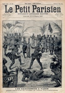 Sotaharjoitukset: Amazonit, soturit ja feticheurs dahomeens (nykyisin Benin) Pariisin sopeutumispuutarhasta (ihmiseläintarha). Kaiverrus "" Le petit Parisien"" vuodelta 1891. Yksityinen kokoelma. tekijältä Anonymous Anonymous