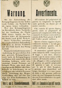 Varoitus italialaisten sotavankien pakenemisen jälkeen 16. helmikuuta 1916, jossa pyydetään Itävallan väestöä olemaan auttamatta heitä (kaiverrus tekijältä Anonymous Anonymous