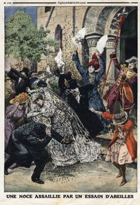Mehiläisparvi hyökkäsi häihin. Kaiverrus "" Le Petite Journalissa" 28.7.1912. Yksityinen kokoelma. tekijältä Anonymous Anonymous