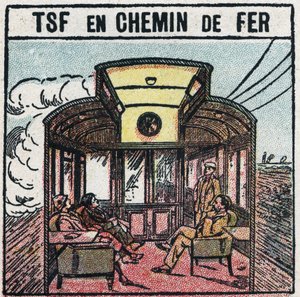 Langaton puhelin: T.S.F. junavaunussa. Anonyymi kuvitus vuodelta 1925. Yksityiskokoelma. tekijältä Anonymous Anonymous