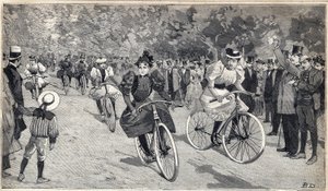 Naisten veloipedistien kilpailu Bois de Boulognessa lähellä Pariisia. Kaiverrus kirjassa "" Le Petit Parisien"" 25.6.1893. tekijältä Anonymous Anonymous