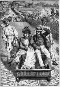 carros de cesto Madeiralla 1893 - Les corinhos (carrieros) a Madeira (Madeira) - miehet ohjaavat paikkaa kahdessa paikassa ruletissa (un corinho). kaiverrus ""Journal of travels"" -julkaisussa 1893 tekijältä Anonymous Anonymous