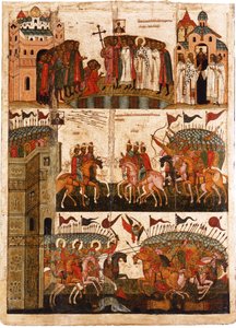 Taistelu novgorodilaisten ja suzdalilaisten välillä, 1400-luvun puoliväli. tekijältä Anonymous Russian icon painter