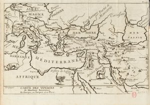Kartta Tavernierin matkoista Euroopassa, Persia, Turkki, 1600-luku. tekijältä Anonymous master.