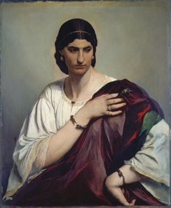 Lucrezia Borgia; Muotokuva roomalaisesta naisesta valkoisessa tunikassa ja punaisessa kaapussa, n. 1862-66 (öljy kankaalle) tekijältä Anselm Feuerbach