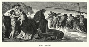 Medean jäähyväiset: kohtaus Euripideksen antiikin kreikkalaisesta tragediosta Medea, joka perustuu legendaan Medeasta ja Jasonista (kaiverrus)