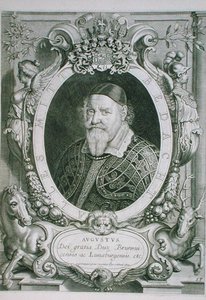 Elokuu nuorempi (1579-1666) Braunschweig-Wolfenbuettel-Luenebergin herttua, "Portraits des Hommes Illustres" -teoksesta, kaivertanut Coenrad Waumans, julkaistu 1706 (kaiverrus)