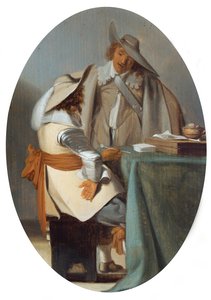 Kaksi miestä keskustelemassa pöydän ääressä (öljy paneelille) tekijältä Anthonie (1601-73) (attr.to) Palamedesz