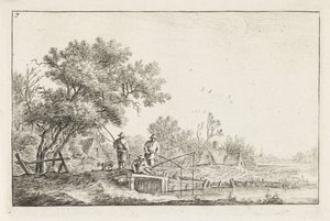 Kolme kalastajaa sillalla Maisemat rakennuksilla (sarjan nimi) tekijältä Anthonie Waterloo