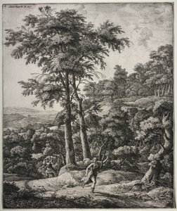 Kuusi suurta pystysuoraa maisemaa, joissa on kohtauksia Ovidian Metamorphosesista: Apollo ja Daphne tekijältä Anthonie Waterloo