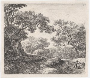 Kolme poikaa ja heidän koiransa Kuja metsässä, 1600-luku. tekijältä Anthonie Waterloo