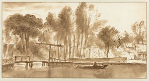 Metsäinen jokimaisema laskusillalla tekijältä Anthonie van Borssom (attributed to)