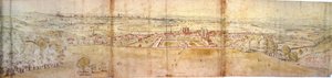 Greenwich Palace ja Lontoo Greenwich Hillistä, n. 1544 (kynä, muste, liitu ja wc paperilla)