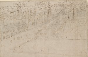Lontoon panoraama Southwarkista nähtynä: Borough High Street St Mary Overyn kanssa, 1554 tekijältä Anthonis van den Wyngaerde