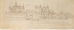 Hampton Court Palacen kappeli ja porttitalo, n. 1550-1560 tekijältä Anthonis van den Wyngaerde
