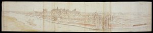 Näkymä Hampton Courtin palatsiin etelästä, etualalla joki, 1558 (tussi ja ruskea muste sekä akvarellit mustan liidun päällä). tekijältä Anthonis van den Wyngaerde