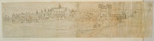 Näkymä Hampton Courtiin pohjoisesta, "The Panorama of London", n. 1544 (kynä ja muste paperille) tekijältä Anthonis van den Wyngaerde