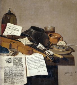 Asetelma, jossa on kopio De Waere Mercuriuksesta, laaja lehti, jossa uutiset Trompin voitosta kolmessa englantilaisessa laivassa 28. kesäkuuta 1639, ja runo, joka kertoo tarinan Apellesista ja suutarista tekijältä Anthonius Leemans