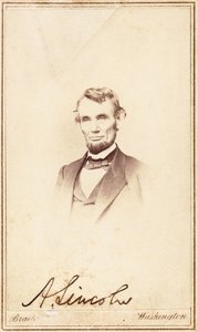 Abraham Lincoln, allekirjoitettu carte-de-visite, 1864 tekijältä Anthony Berger