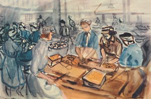 Leikkaaminen ja kuorinta. A.T.S. ruoanlaittokeskus, 1944. tekijältä Anthony Gross