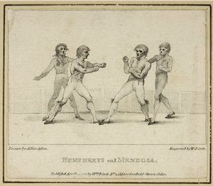 Humphreys ja Mendoza, William Birchin kaivertama, julkaistu vuonna 1792 (litho) tekijältä Anthony van (after) Assen