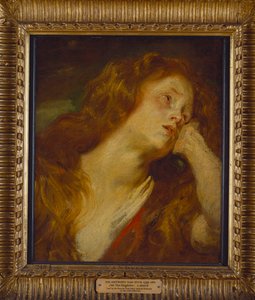 Nuori nainen, rinnan mittainen, päänsä lepäämässä kädellään tekijältä Anthony van Dyck