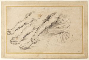Kuva miehestä, joka kumartuu eteenpäin oikea käsi ojennettuna; kolme tutkimusta oikeasta kädestä ja yksi vasemmasta kädestä samalle hahmolle (liitu paperille) tekijältä Anthony van Dyck