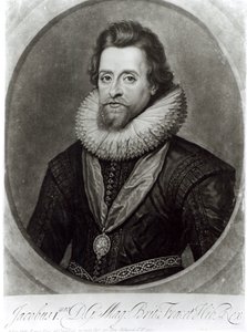 Muotokuva James I:stä (1566-1625) Nicholas Hilliardin (1547-1619) pienoismallin mukaan vuodelta 1617, kaiverruksen George Vertue (1684-1756) tekijältä Anthony van Dyck