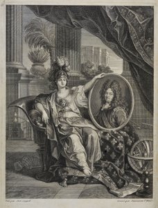 Ludvig XIV, Ranskan kuningas, Tieteiden suojelija - Antoine Coypelin kaiverrus Kuninkaallisen tiedeakatemian historia, vuosi 1703 tekijältä Antoine (after) Coypel