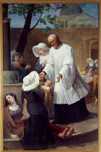Saint Vincent de Paul (1581 - 1660) huolehtii torjunta-aineista (St Vincent de Paul Helping the Plague Ridden). Antoine Ansiaux