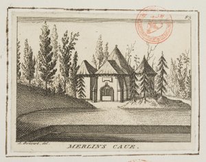 Näkymä Merlinin luolalle, Kew Gardens, kuvitus aiheesta "Lysons" Environs of London, n. 1750 (kaiverrus) tekijältä Antoine Benoist
