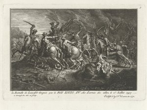 Näkymä Lauffeldtin taistelusta (Lafeld, lähellä Maastrichtia) 2. heinäkuuta 1747 Itävallan perintö sodan aikana tekijältä Antoine Benoist