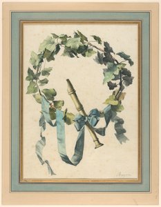 Piirros, pokaali, jossa huilu, kateenkorva ja sininen nauha, 1780-90 tekijältä Antoine Berjon