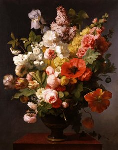 Kesäkukkien asetelma, jossa on pioneita, iiriksiä ja syreeniä. 1819. Antoine Berjonin (1754-1843) maalaus Yksityiskokoelma.