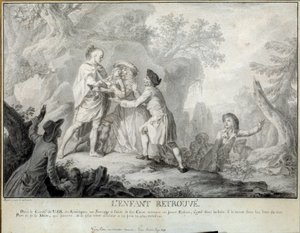 Lapsi löytää kuvan Saint John de Crevecoeurin "Amerikkalaisen maanviljelijän kirjeistä". Antoine Borelin (1743-1810) litografia 1783 suunnilleen. Blerancourt. Musee Franco amerikkalainen tekijältä Antoine Borel