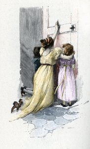 Josephine de Beauharnais itkee lastensa Hortensen ja Eugenen kanssa Napoleon Bonaparten (1769-1821) huoneen ovella, kieltäytyen avaamasta häntä kuultuaan avioliiton ulkopuolisia seikkailuja hänen Egyptissä oleskelunsa aikana.